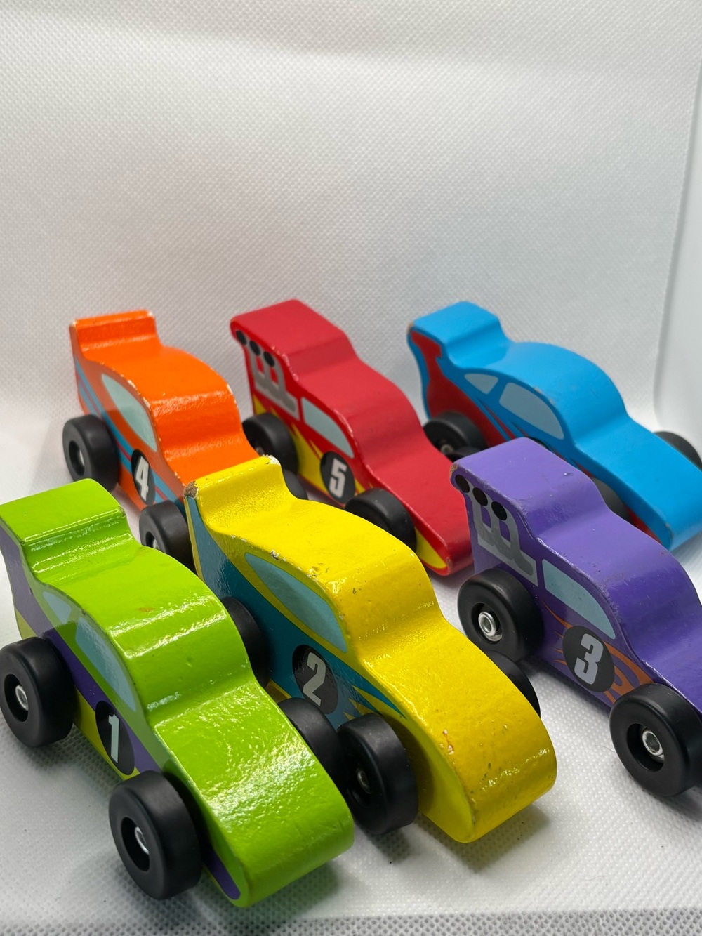 Lot Of 6 Wooden Cars - Numbered & Different Designs - Blue/Purple/Yellow/Orange